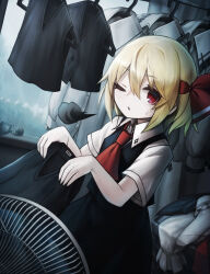 1girl ;o ascot black_skirt black_vest blonde_hair clothes_hanger collared_shirt commentary_request cowboy_shot curtains electric_fan frog hair_between_eyes hair_ribbon highres holding holding_unworn_clothes indoors looking_at_viewer one_eye_closed puff_of_air rain red_ascot red_eyes red_ribbon ribbon rumia shirt short_hair short_sleeves sigh skirt small_sweatdrop snail solo spark621 touhou unworn_clothes vest white_shirt window