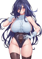 1girl alternate_costume black_corset black_thighhighs blue_hair breasts clorinde_(genshin_impact) commentary_request corset covered_navel dark_blue_hair dress_shirt elbow_gloves fold-over_gloves genshin_impact gloves gluteal_fold hair_between_eyes hand_on_own_hip highres huge_breasts long_hair long_hair_between_eyes messy multicolored_hair paid_reward_available pinkcap purple_eyes shirt sleeveless sleeveless_shirt streaked_hair thighhighs white_background white_gloves white_shirt