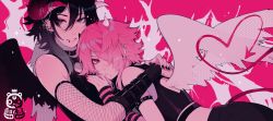 2boys angel_wings black_hair black_nails black_pants black_shirt black_wings demon_horns demon_tail ear_piercing face_piercing fishnet_gloves fishnets gloves grey_eyes hair_between_eyes highres horns lip_piercing male_focus mazamuno medium_hair mongrel_(mazamuno) multiple_boys nail_polish original pants piercing pink_background pink_eyes pink_hair pink_nails shirt signature simple_background striped_arm_warmers tail trap wings