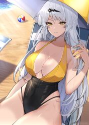 1girl artist_name ball beach beachball breasts casual_one-piece_swimsuit chair cleavage commentary cup day drink english_commentary grey_hair grin hair_between_eyes hair_ornament highleg highleg_one-piece_swimsuit highres holding holding_cup large_breasts light_rays long_hair looking_at_viewer lounge_chair nail_polish ocean one-piece_swimsuit outdoors rohioart shiny_skin shore smile solo sunbeam sunlight swimsuit tan tanline very_long_fingernails very_long_hair wet yellow_eyes yixuan_(zenless_zone_zero) zenless_zone_zero
