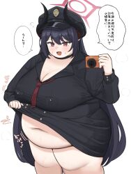 1girl 7sufyfhysfsdkn0 black_choker black_hair black_hat black_shirt blue_archive blush bottomless breasts camera chiaki_(blue_archive) choker cleavage clothes_lift fat fat_woman halo hat highres holding holding_camera horns japanese_text large_breasts lifting_own_clothes long_hair military_hat navel necktie open_mouth oversized_clothes oversized_shirt red_eyes shirt shirt_lift smile solo standing sweat thick_thighs thighs white_background