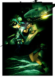 1girl adapted_turret agm-114_hellfire arm_up blue_hair blue_sailor_collar blue_skirt closed_mouth commentary_request dixie_cup_hat double_bun drone green_theme hair_bun hat hat_ribbon highres kantai_collection leg_up military_hat missile name_connection neckerchief night night_sky night_vision_device ocean ribbon rigging rudder_footwear sailing sailor_collar samuel_b._roberts_(kancolle) skirt sky timmyyen uss_samuel_b._roberts_(ffg-58)