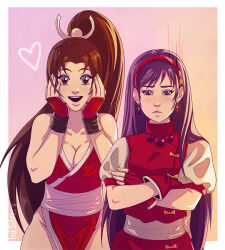 asamiya_athena brown_hair fatal_fury hair_ornament psycho_soldier purple_eyes purple_hair shiranui_mai snk sparkling_eyes star_(symbol) star_hair_ornament the_king_of_fighters the_king_of_fighters_&#039;98