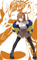 2girls black_pantyhose blue_jacket breasts brown_eyes brown_hair brown_shorts cendrillmon digimon digimon_(creature) digimon_card_game digimon_liberator full_body highres jacket kinosaki_arisa medium_breasts medium_hair multiple_girls off_shoulder orange_theme pantyhose shirt shorts solo_focus taira_(tairamon) white_shirt yellow_jacket
