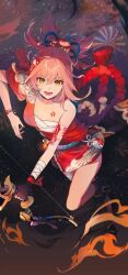 1girl arm_tattoo bandaged_arm bandaged_leg bandages black_gloves blonde_hair bow_(weapon) bracelet chest_sarashi chest_tattoo commentary fingerless_gloves flower_tattoo from_above genshin_impact gloves hadanugi_dousa hair_ornament harikoe holding holding_bow_(weapon) holding_weapon japanese_clothes jewelry kimono looking_at_viewer looking_up nail_polish obi obiage open_kimono open_mouth orange_kimono orange_nails rope sarashi sash shimenawa single_glove solo symbol-only_commentary tattoo vision_(genshin_impact) weapon yellow_eyes yoimiya_(genshin_impact)