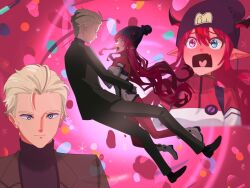 Rule 34 | 1boy, 1girl, amate yuzuriha, amate yuzuriha (cosplay), beanie, black hat, black jacket, black pants, black shirt, black suit, blonde hair, blue eyes, blush, bodysuit, breasts, char aznable, closed mouth, commentary, cosplay, dress pants, english commentary, eye contact, fang, floating hair, flustered, formal clothes, furrowed brow, gundam, gundam gquuuuuux, hair between eyes, hair slicked back, hat, heart, heart in mouth, heterochromia, hololive, hololive english, irys (hololive), jacket, lexile, long hair, long pointy ears, looking at another, mecha pilot suit, medium breasts, normal suit (gundam), open mouth, pants, pointy ears, pom pom (clothes), pom pom beanie, purple eyes, purple hair, red bodysuit, shirt, short hair, skin fang, suit, suit jacket, turtleneck, turtleneck shirt, two-tone bodysuit, very long hair, virtual youtuber, white bodysuit, zeknova, zero gravity