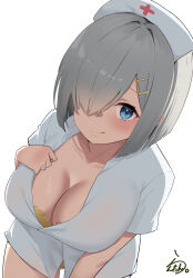 1girl absurdres alternate_costume blue_eyes blush bra breasts cleavage clothing_aside dress from_above hair_over_one_eye hamakaze_(kancolle) hand_up hat highres kantai_collection lanthan large_breasts looking_at_viewer looking_up medium_hair nurse nurse_cap panties presenting pulling_own_clothes smile solo underwear white_dress white_hair yellow_bra yellow_panties