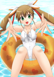 Rule 34 | 10s, 1girl, brown hair, casual one-piece swimsuit, dog days, female focus, fuuma nagi, green eyes, highres, innertube, long hair, one-piece swimsuit, outstretched arms, rebecca anderson, revision, solo, swim ring, swimsuit, water, white one-piece swimsuit