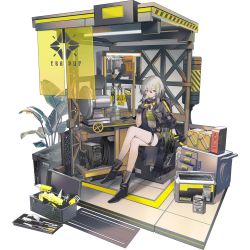 1girl ahoge black_hair black_jacket boots box breasts cardboard_box circular_saw croque_(neural_cloud) crossed_legs food game_cg girls&#039;_frontline girls&#039;_frontline_neural_cloud gloves goggles goggles_around_neck gradient_hair grey_hair hair_ornament hairclip hammer highres hood hood_down hooded_jacket jacket looking_at_viewer medium_hair multicolored_hair official_art on_box open_clothes open_jacket pocky saw sitting sitting_on_box sleeves_rolled_up small_breasts solo tool_belt tool_kit toolbox tools transparent_background yellow_eyes