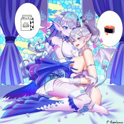 2girls absurdres aquarium barefoot bed blue_eyes blush breasts caviar curtains demon_girl demon_horns demon_tail demon_wings detached_sleeves diadem duel_monster fins gloves grabbing_another&#039;s_breast grey_eyes grey_hair groping head_fins heart highres horns indoors kitkallos_(yu-gi-oh!) lactation large_breasts long_hair looking_at_another lovely_labrynth_of_the_silver_castle milk_carton multiple_girls nipples on_bed open_mouth pointy_ears rare_lemon skirt smile tail tearlaments_kitkallos wings yu-gi-oh! yuri