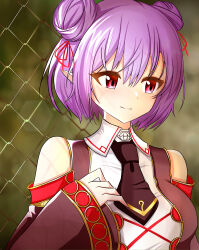Rule 34 | 1girl, absurdres, bare shoulders, breasts, chain-link fence, commission, demon girl, double bun, fence, fruscia, hair bun, hair ribbon, highres, iris mysteria!, large breasts, looking at another, necktie, pointy ears, purple eyes, purple hair, ribbon, skeb commission, upper body, valeria ristie de serbanescu, vampire, wide sleeves