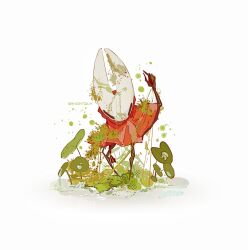 1girl artist_name black_eyes check_commentary chinese_commentary cloak clover commentary_request foliage full_body halftone highres hightguy hollow_knight hornet_(hollow_knight) horns leaf plant red_cloak solo standing white_background