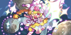 1girl alternate_costume alternate_hairstyle alternate_headwear_color asymmetrical_legwear blonde_hair blush clownpiece dress fairy fairy_wings game_cg hat heart heart_print highres holding holding_torch jester_cap looking_at_viewer mismatched_legwear moon moyazou_(kitaguni_moyashi_seizoujo) neck_ribbon official_art one_eye_closed open_mouth pantyhose pink_eyes pink_ribbon print_hat print_pantyhose ribbon sharp_teeth smile solo sparkle star_(symbol) star_print striped_clothes striped_pantyhose teeth third-party_source torch touhou touhou_lostword twintails white_dress white_hat white_pantyhose wings