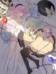 2girls absurdres arm_up bed_sheet black_hat black_thighhighs blue_shirt bow breasts cleavage closed_eyes closed_mouth collarbone commentary frilled_sleeves frills full_body fumo_(doll) green_eyes green_hair hat hat_bow hat_ribbon highres holding_hands komeiji_koishi komeiji_satori long_sleeves lying medium_hair multiple_girls on_back pillow pink_hair ribbon shirt short_hair siblings sideways_glance sisters sleeping small_breasts socks sunlight thighhighs third_eye touhou unworn_hat unworn_headwear white_chemise white_socks wide_sleeves yellow_bow yellow_ribbon yellow_shirt yuuneka