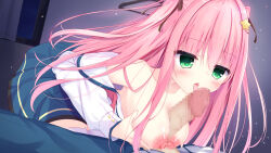 1boy 1girl bent_over black_ribbon blue_skirt blush breasts breasts_out breasts_squeezed_together censored clothes_pull collarbone commentary_request commission dutch_angle erection eyes_visible_through_hair fang fellatio floating_hair grabbing_own_breast green_eyes hair_between_eyes hair_ornament hair_ribbon hetero highres indoors large_breasts licking licking_penis long_hair long_sleeves looking_at_another mosaic_censoring night nipples open_clothes open_mouth open_shirt oral paid_reward_available paizuri penis pink_hair ribbon school_uniform select_oblige shirt shirt_pull sidelocks skeb_commission skirt smile solo_focus star_(symbol) star_hair_ornament straight_hair thighhighs tongue tongue_out two_side_up v-shaped_eyebrows variant_set waffuru white_shirt white_thighhighs window yato_kukuru zettai_ryouiki