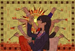 Rule 34 | 1girl, absurdres, black hair, black jacket, blazer, bow, bowtie, braid, breasts, brown cardigan, brown sweater, cardigan, censored, chinese text, chopsticks, extra arms, food, fork, gloves, hakama, half up braid, highres, holding, holding chopsticks, holding food, holding fork, holding knife, holding with chopsticks, jacket, japanese clothes, knife, long hair, long sleeves, looking at food, meal, nijisanji, open mouth, pink bow, pink bowtie, puffy short sleeves, puffy sleeves, qianshou guanyin, shirt, short sleeves, simplified chinese text, spoon, sweater, table knife, tongue, tsukino mito, tsukino mito (1st costume), tsuukon (tukonn), virtual youtuber, white gloves, white hakama, wrist cuffs