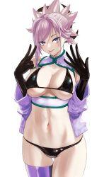 1girl absurdres bare_shoulders bikini black_bikini black_gloves blue_eyes blush breasts cleavage elbow_gloves fate/grand_order fate_(series) gloves hair_ornament highres jacket kugiseiichi large_breasts long_hair long_sleeves looking_at_viewer miyamoto_musashi_(fate) navel off_shoulder pink_hair ponytail purple_jacket single_thighhigh solo swept_bangs swimsuit thighhighs thighs tongue tongue_out white_background