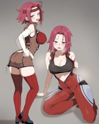 Rule 34 | 1girl, absurdres, arm support, ass, bare arms, black sports bra, blue eyes, blush, bodysuit, breasts, brown shorts, cleavage, code geass, detached sleeves, grey background, haembeogeokseu, headband, heel up, highres, kneeling, kouzuki kallen, large breasts, looking at viewer, looking back, multiple views, open mouth, red bodysuit, red hair, red headband, red thighhighs, short hair, shorts, sports bra, standing, sweat, thighhighs