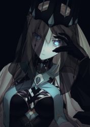 1girl ayamatazu black_background black_dress black_veil blonde_hair blue_eyes braid crown dress fate/grand_order fate_(series) hair_between_eyes hand_on_own_head highres long_hair looking_at_viewer morgan_le_fay_(fate) morgan_le_fay_(queen_of_winter)_(fate) shadow solo upper_body veil