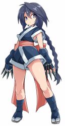 1girl :&lt; between_fingers black_hair black_kimono blue_eyes braid closed_mouth commentary_request full_body holding holding_weapon japanese_clothes karukan_(monjya) kimono kunai long_hair looking_at_viewer makimachi_misao obi rurouni_kenshin sash short_sleeves simple_background single_braid solo standing very_long_hair weapon white_background wide_sleeves