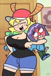 1boy 1girl breasts cartoonized closed_eyes hat highres horns huge_breasts large_breasts lolwutburger long_hair lucoa_(maidragon) magatsuchi_shouta miss_kobayashi&#039;s_dragon_maid multicolored_hair parody purple_eyes purple_hair short_hair short_pants style_parody toon_(style)