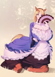 1girl absurdres animal_ears blue_dress blue_eyes borrowed_character breasts brown_fur brown_hairband centaur cleavage collarbone commentary commission dress english_commentary estelle_bellegarde_(cassarah) frilled_dress frills full_body hairband hand_fan highres holding holding_fan hooves horse_ears horse_tail huge_breasts ibnu_rusydi layered_dress long_hair original outdoors parted_bangs sitting smile solo tail taur white_dress yellow_tail