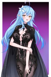 1girl ahoge alternate_costume arlonn black_bodysuit black_coat blue_hair blush bodysuit border braid breasts chronopattern_dress cleavage coat commentary_request cowboy_shot crossed_bangs elf flower glitter hair_flower hair_ornament heart heart_ahoge highres holding_own_arm hololive large_breasts long_hair looking_at_viewer open_mouth pointy_ears see-through_bodysuit see-through_clothes smile solo virtual_youtuber white_border yellow_eyes yukihana_lamy