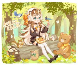 Rule 34 | 1girl, :d, bear, black choker, black shorts, blush, border, bow, bowtie, brown hair, brown shirt, brown shoes, character name, choker, commentary request, commission, day, fang, forest, full body, grass, green eyes, hair ornament, hairclip, hat, hat bow, hedgehog, indie virtual youtuber, kazamiya maron, log, long hair, multicolored hair, nature, open mouth, orange bow, orange bowtie, outdoors, parallel hairclips, sailor collar, shirt, shoes, shorts, shuu (syuuuuuuuuuu), sitting, skeb commission, skin fang, smile, solo, thighhighs, tree, two-tone hair, virtual youtuber, white border, white hair, white hat, white sailor collar, white thighhighs