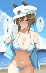 1girl absurdres animal_ears anok7456 bikini blue_eyes blurry blurry_background blush breasts cheval_grand_(umamusume) cleavage closed_mouth collarbone commentary_request hair_between_eyes hair_ornament hat highres horse_ears jacket large_breasts ocean solo striped_bikini striped_clothes sweatdrop swimsuit umamusume