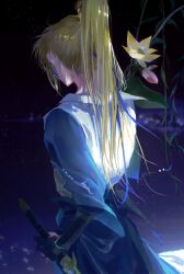 1boy absurdres arm_guards black_gloves blonde_hair blue_hanfu blue_ribbon blurry branch bud chinese_clothes chinese_commentary cowboy_shot driedpersimmonisverydelicious earrings facing_away fingerless_gloves flower from_behind gloves hair_ribbon hanfu high_ponytail highres holding holding_sword holding_weapon huang_shaotian huang_shaotian_(troubling_rain) jewelry jian_(weapon) leaf light_particles long_hair long_sleeves lotus male_focus night night_sky official_alternate_costume official_alternate_hair_length official_alternate_hairstyle outdoors plant ponytail quan_zhi_gao_shou ribbon sheath sidelighting single_earring sky solo standing sword upper_body weapon yellow_flower
