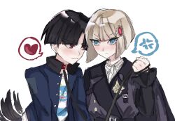 1boy 1girl black_hair blonde_hair blue_eyes blue_jacket blush collar collarbone dog_boy dog_tail eyelashes femdom hand_up heart highres holding holding_leash jacket leash maruko_gaku oosuzuki_kurara parted_bangs red_eyes shirt simple_background tail the_hundred_line_-last_defense_academy- white_background white_shirt