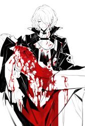 1boy 1other absurdres arknights blood blood_on_chest blood_on_clothes blood_on_face carrying coat commentary duq&#039;arael_(arknights) feet_out_of_frame hair_over_one_eye high_collar highres long_sleeves looking_down princess_carry senjunamako_(hakiaya) smile spot_color