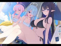 3girls :d beach bikini black_bikini black_hair blue_archive blue_eyes blue_eyeshadow blue_hair blue_halo blush breasts cleavage crossed_legs day expressionless eyeshadow frilled_bikini frills from_below from_side front-tie_bikini_top front-tie_top general_student_council_president_(blue_archive) giga-tera green_eyes grin hair_over_one_eye halo happy highres kaya_(blue_archive) knees_up large_breasts long_hair looking_at_viewer looking_down makeup medium_breasts multicolored_hair multiple_girls navel ocean open_mouth outdoors pink_hair rin_(blue_archive) side-tie_bikini_bottom slit_pupils small_breasts smile sunglasses swimsuit two-tone_hair very_long_hair w white_halo yellow_halo