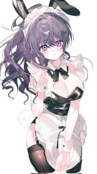 animal_ears animal_print apron asahina_mafuyu black_bow black_bowtie black_leotard black_ribbon black_thighhighs blush bow bowtie breasts cleavage cleaver closed_mouth cocotea collar garter_straps hair_between_eyes hair_ornament hand_up highres holding holding_plate leotard long_hair looking_at_viewer maid_apron maid_headdress nontraditional_playboy_bunny plate ponytail project_sekai purple_eyes purple_hair rabbit_ears rabbit_hair_ornament rabbit_print rabbit_tail ribbon sidelocks simple_background straight_hair tail thighhighs v white_background white_collar wrist_cuffs