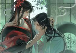 2boys alternate_hairstyle animal animal_in_clothes artist_request bare_shoulders beads black_hair black_hanfu black_nails black_robe chinese_clothes closed_eyes closed_mouth commission day earrings fang fang_out fingernails flower from_side grey_eyes hair_bun hair_flower hair_ornament half_updo hand_in_another&#039;s_hair hand_on_another&#039;s_face hanfu headband highres holding_another&#039;s_wrist hug indoors jewelry kemonomimi_mode lamia_boy lan_wangji long_hair long_sleeves looking_at_another male_focus modao_zushi monster_boy monsterification multiple_boys nail_polish off_shoulder profile red_flower red_shawl robe scales second-party_source sharp_fingernails shawl single_bare_shoulder sliding_doors smile smoke snake snake_boy spider_lily tassel tassel_hair_ornament tree upper_body watermark wei_wuxian white_hanfu white_headband white_robe white_snake wide_sleeves yaoi