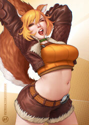Rule 34 | 1girl, 2025, animal ears, animification, arms up, breasts, brown jacket, brown tail, closed eyes, crop top, doreen green, female focus, freckles, green eyes, highres, jacket, large breasts, marvel, marvel rivals, navel, open mouth, orange hair, short hair, shorts, solo, squirrel ears, squirrel girl, squirrel girl (marvel), squirrel tail, stretching, suddakka, tail, thick thighs, thighhighs, thighs, yawning