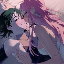 2girls alien_stage bare_arms black_dress blush breasts chicheesticks commentary covered_collarbone dress english_commentary green_eyes green_hair highres holding_hands interlocked_fingers large_breasts long_hair mizi_(alien_stage) multiple_girls parted_lips pink_hair purple_eyes short_hair sua_(alien_stage) twitter_username white_dress yuri