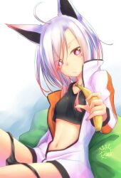 1girl absurdres animal_ears banana crop_top food fruit highres holding holding_food holding_fruit jacket kanimiso_(juutilainen77) navel original panties panty_pull red_eyes solo stomach underwear white_hair