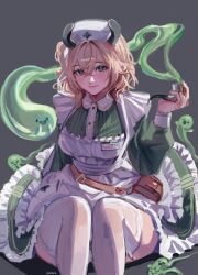 1girl absurdres animal_ears apron commentary contrast_collar dress english_commentary garter_straps green_dress green_eyes hat highres holding holding_smoking_pipe indie_virtual_youtuber looking_at_viewer name_tag nimi_nightmare nurse nurse_cap one_side_up round_collar rounded_collar sitting sleeve_slit smoking_pipe soareaaa solo tapir_ears tapir_girl thighhighs virtual_youtuber waist_bag white_apron white_thighhighs
