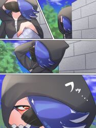 amakusa_setoka black_hoodie blue_hair brick_wall cephalopod_eyes earrings hair_through_hood highres hood hood_up hoodie jewelry mask mouth_mask multiple_earrings nintendo octoling shiver_(splatoon) splatoon_(series) splatoon_3 tentacle_hair tooth_earrings
