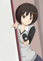 1girl amagami black_hair blush bob_cut brown_eyes doorway female_focus murasaki_iro peeking_out phone pinky_out pleated_skirt short_hair skirt smile solo sweater sweater_vest tachibana_miya