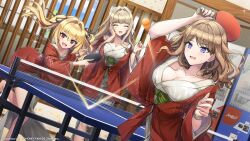Rule 34 | 3girls, ball, blonde hair, blue eyes, bracelet, breasts, brown hair, cleavage, closed eyes, dolphin wave, hair intakes, highres, japanese clothes, jewelry, kazami ellen, kirahoshi kanna, long hair, medium breasts, multiple girls, ootomo takuji, paddle, red eyes, suminoe shion, sweatdrop, table tennis, table tennis ball, table tennis net, table tennis paddle, twintails, vending machine, wavy hair