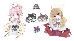 after-school_sweets_club_(blue_archive) ahoge airi_(band)_(blue_archive) airi_(blue_archive) animal_ears ao_(mintz) blue_archive blush cat cat_ears drumsticks halo highres holding holding_drumsticks jacket kazusa_(band)_(blue_archive) kazusa_(blue_archive) logo_print long_hair looking_at_viewer low_twintails multiple_girls natsu_(band)_(blue_archive) natsu_(blue_archive) official_alternate_costume pink_hair pink_halo pink_skirt print_shirt red_jacket shirt skirt twintails white_background yellow_halo yellow_jacket yoshimi_(band)_(blue_archive) yoshimi_(blue_archive)