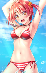Rule 34 | 1girl, bikini, blue sky, breasts, cloud, collarbone, hair ornament, hair scrunchie, isshiki akane, jewelry, key, medium breasts, navel, necklace, nonbe, open mouth, orange eyes, red bikini, red hair, round teeth, scrunchie, short hair, side-tie bikini bottom, sky, smile, solo, striped bikini, striped clothes, swimsuit, teeth, twintails, upper teeth only, vividred operation