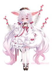 1girl ahoge animal_ear_fluff animal_ears beret black_shoes brown_hat character_request dress flower_knight_girl frilled_dress frills full_body gradient_hair hair_between_eyes hair_ornament hairclip hand_up hat heart heart_ahoge highres long_hair long_sleeves multicolored_hair name_connection object_namesake official_art pink_hair puffy_long_sleeves puffy_sleeves red_eyes shoes simple_background sleeves_past_fingers sleeves_past_wrists solo standing tail thighhighs umeko_machi very_long_hair white_background white_dress white_hair white_thighhighs