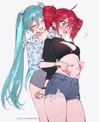 2girls absurdres belly black_bra black_shrug blush bow bra closed_eyes denim denim_shorts drill_hair floral_print flower frilled_shirt frills grey_skirt hair_between_eyes hair_bow hand_on_another&#039;s_stomach hatsune_miku highres kasane_teto long_hair multiple_girls navel qiandaiyiyu red_eyes red_hair shirt shorts shrug_(clothing) sidelocks skirt sweatdrop torn_clothes torn_shorts twin_drills twintails underwear utau very_long_hair vocaloid white_bow white_flower white_shirt yuri
