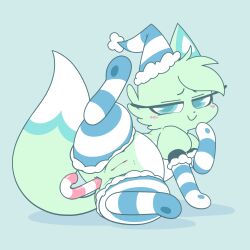 Rule 34 | 1girl, absurdres, anal, anal object insertion, anus, arm up, ass, blue background, blue eyes, candy, cat girl, character request, cleft of venus, clitoris, closed mouth, feet, female focus, female masturbation, food, glasses, green hair, hat, highres, kekitopu, masturbation, object insertion, pussy, shadow, simple background, smile, solo, spread legs, tail, thighhighs, uncensored