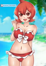 1girl arm_behind_back beach bikini bikini_skirt blush bow bow_bikini breasts cleavage cloud collarbone creatures_(company) game_freak grass large_breasts looking_at_viewer mars_(pokemon) misune_art navel nintendo ocean open_mouth palm_tree pokemon pokemon_dppt red_bikini red_eyes red_hair red_theme sand short_hair sky smile standing swimsuit teeth tree water white_bow