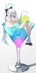 1girl absurdres blue_archive blue_eyes blue_halo blue_ribbon cellphone commentary cup full_body grey_hair hair_ribbon halo highres holding holding_phone ice ice_cube in_container in_cup long_hair miyako_(blue_archive) miyako_(swimsuit)_(blue_archive) official_alternate_costume partially_submerged phone ponytail ribbon sandals shiina_1001 smartphone solo symbol-only_commentary v