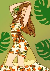 1girl aerith_gainsborough aerith_gainsborough_(citric_dress) armlet arms_behind_head bracelet breasts brown_hair checkered_belt checkered_choker cleavage cowboy_shot dress earrings feet_out_of_frame final_fantasy final_fantasy_vii final_fantasy_vii_ever_crisis food-themed_earrings food_print food_themed_earrings fruit_print green_background green_eyes green_ribbon hair_ribbon herzenreine jewelry leaf long_dress long_hair looking_at_viewer medium_breasts nail_polish official_alternate_costume orange-shaped_earrings orange-shaped_ornament orange_print parted_lips print_dress ribbon see-through_clothes see-through_skirt side_slit sidelocks skirt solo strapless strapless_dress tassel tassel_earrings upper_body wavy_hair